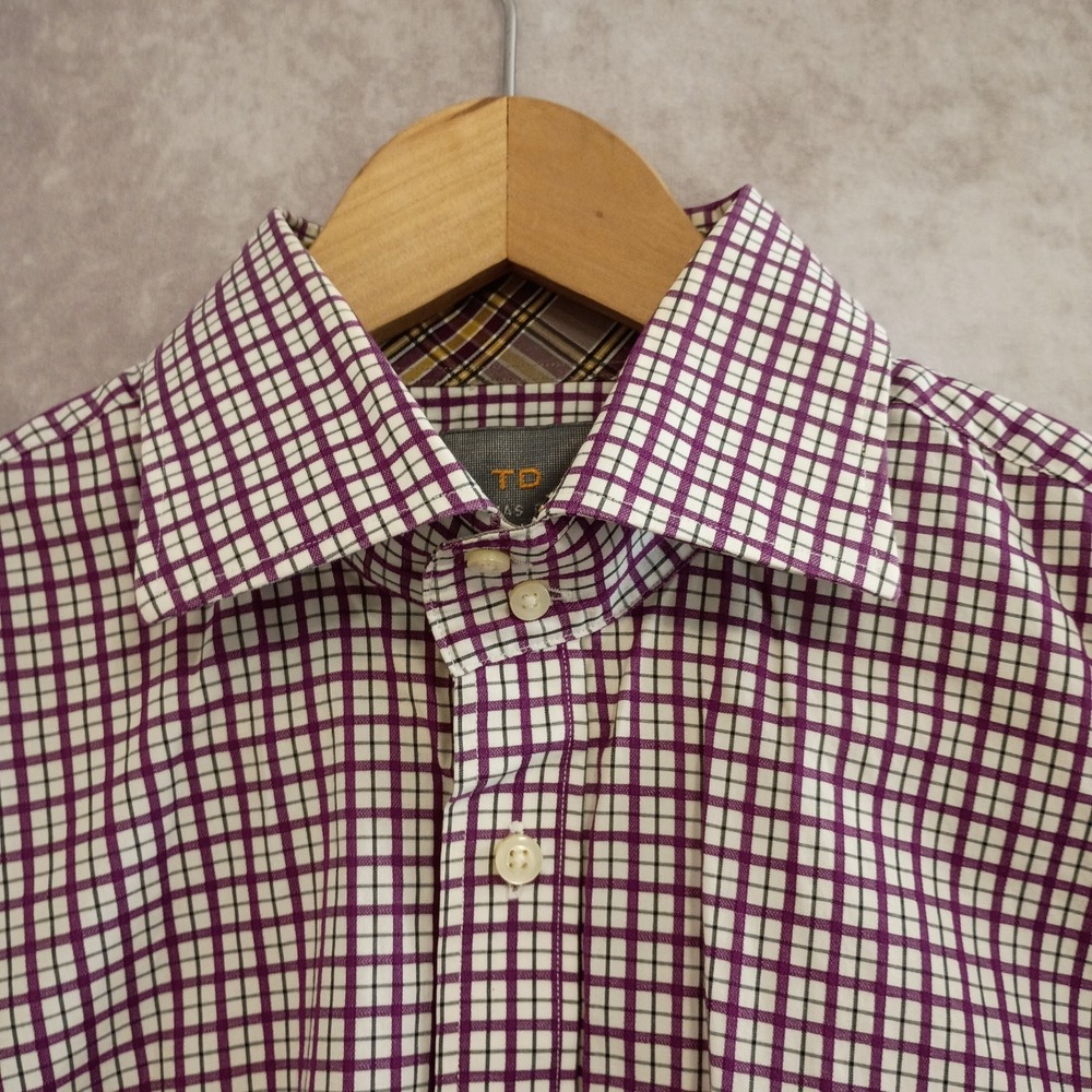 Thomas Dean XL Plaid Button Down Shirt Long Sleeve Flip Cuffs Purple White Check